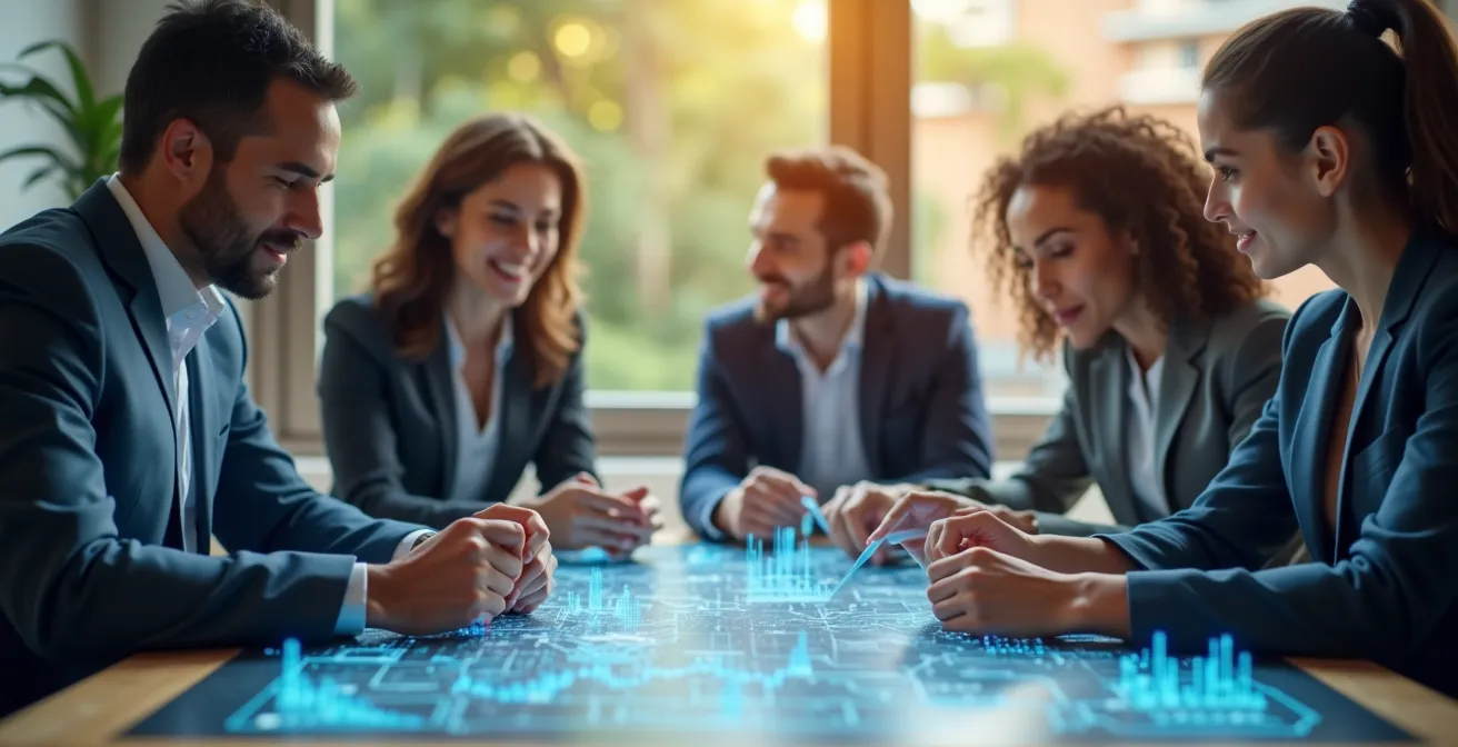 Environmental photograph of diverse business teams collaborating over digital hybrid cloud infrastructure maps with warm, natural lighting