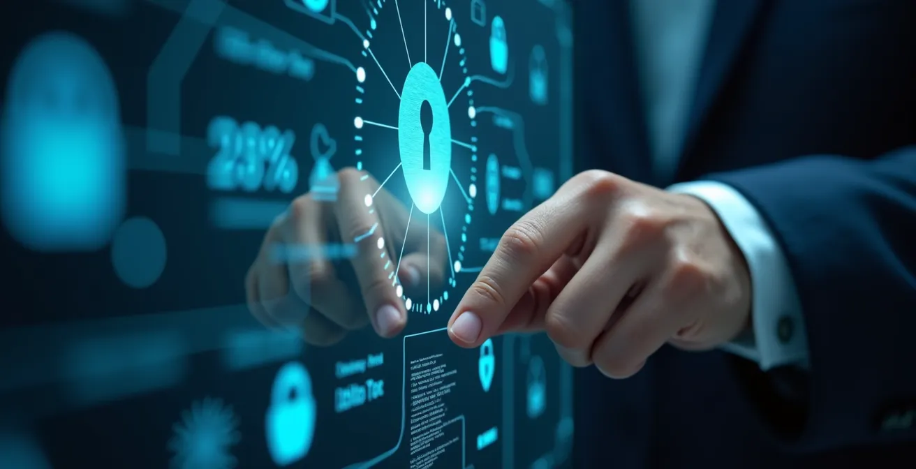 Photographic close-up of hands managing hybrid cloud controls with abstract patterns representing security and orchestration