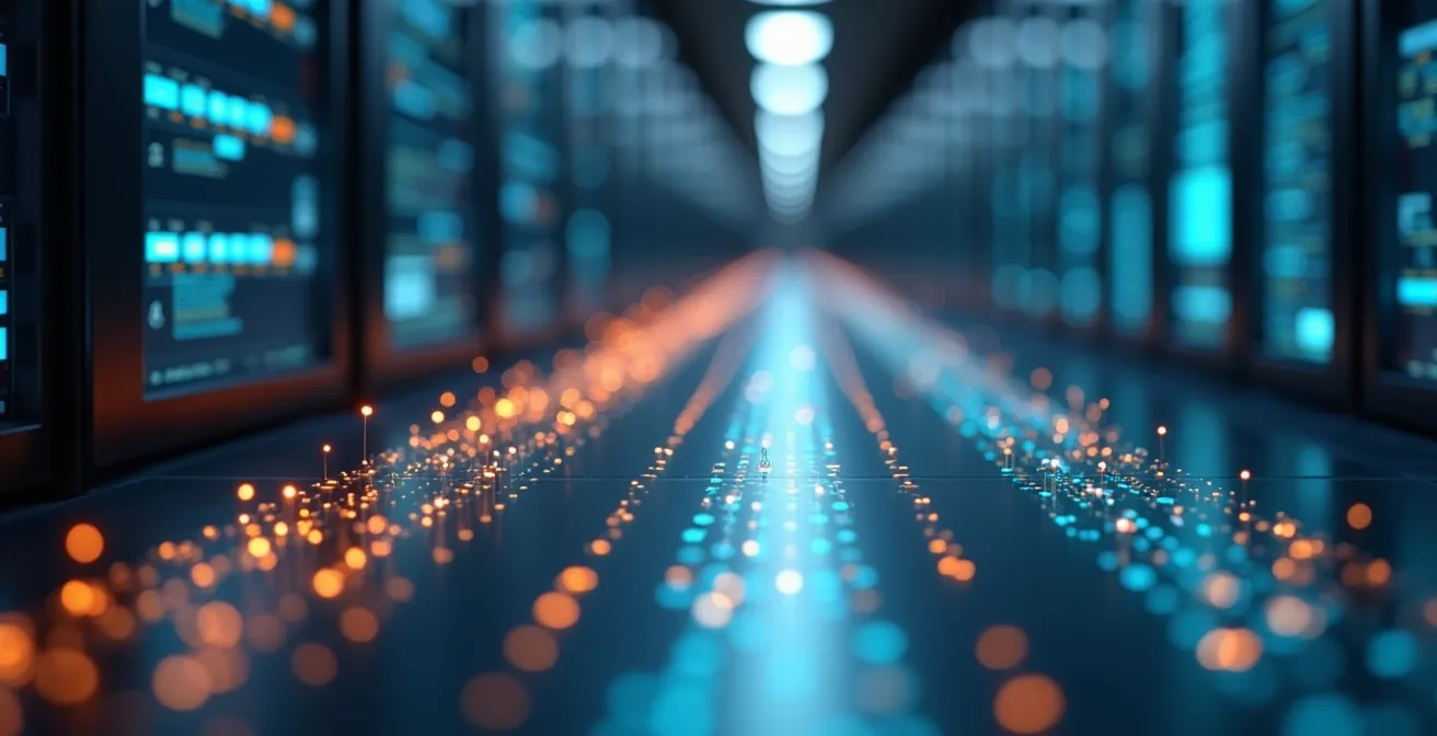 Conceptual photographic image showing arrows and pathways in a tech environment symbolizing workload routing across public cloud, private cloud, and on-premises