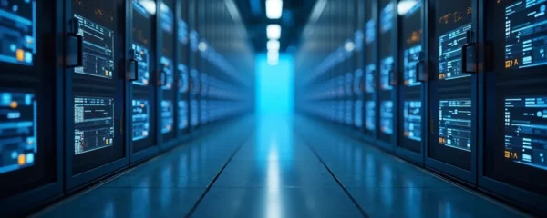 Photorealistic image showing a modern hybrid cloud setup with interconnected data centers and cloud servers, highlighting advanced technology and seamless integration in a clean, editorial style with natural lighting and tactile textures